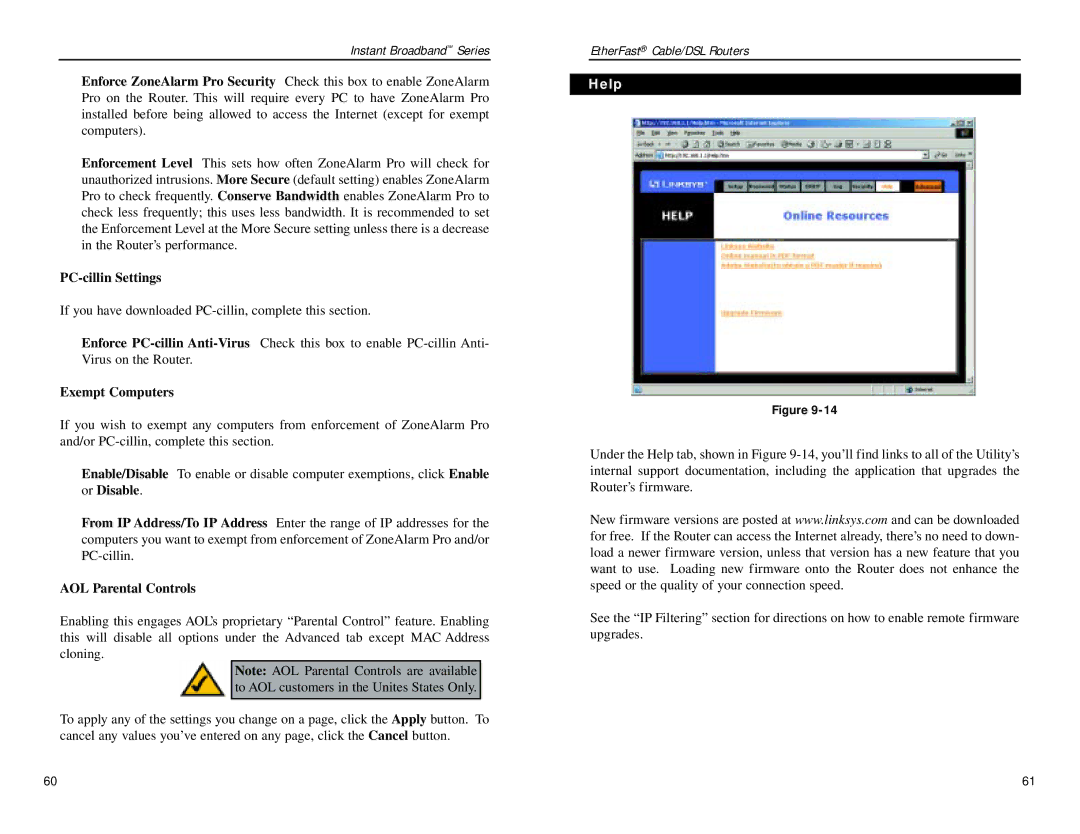 Linksys BEPSR31, BEPSR41, BEPSR11 manual PC-cillin Settings, Exempt Computers, Or Disable, AOL Parental Controls, Help 