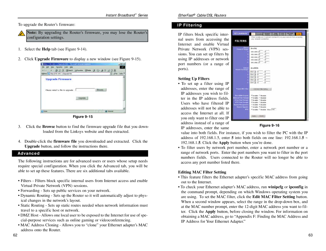 Linksys BEPSR11, BEPSR41, BEPSR31 manual IP Filtering, Setting Up Filters, Advanced, Editing MAC Filter Setting 