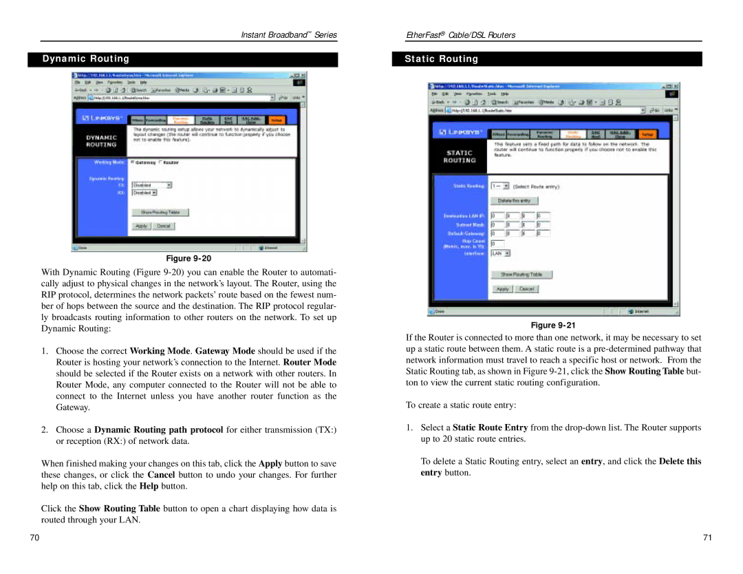 Linksys BEPSR41, BEPSR31, BEPSR11 manual Dynamic Routing, Static Routing 