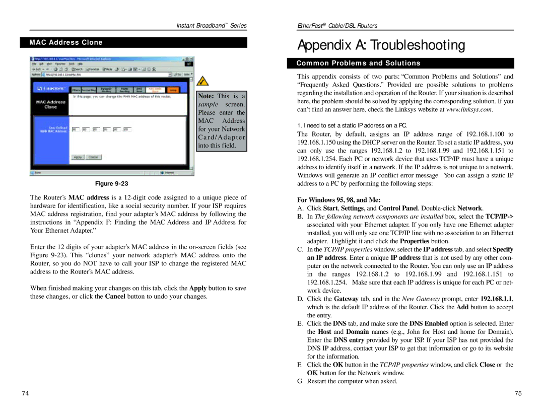 Linksys BEPSR11, BEPSR41, BEPSR31 manual Appendix a Troubleshooting, MAC Address Clone, Common Problems and Solutions 