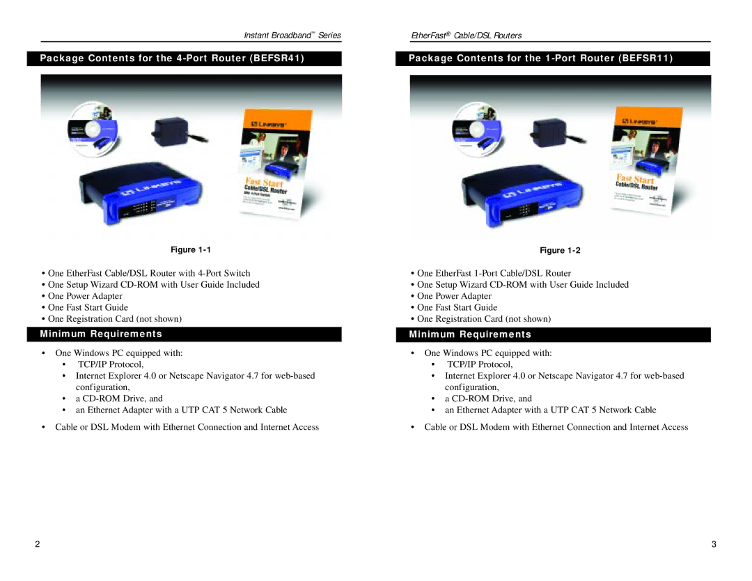 Linksys BEPSR11, BEPSR41, BEPSR31 manual Package Contents for the 4-Port Router BEFSR41, Minimum Requirements 