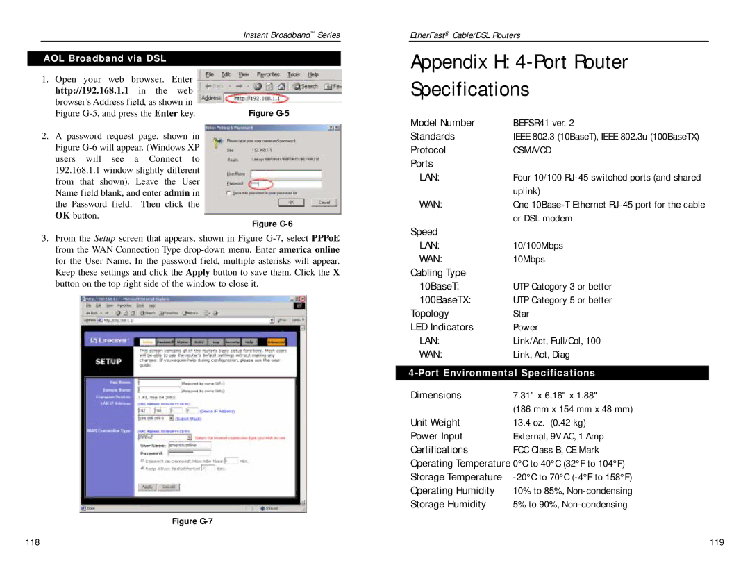 Linksys BEPSR41, BEPSR31 Appendix H 4-Port Router Specifications, AOL Broadband via DSL, Port Environmental Specifications 