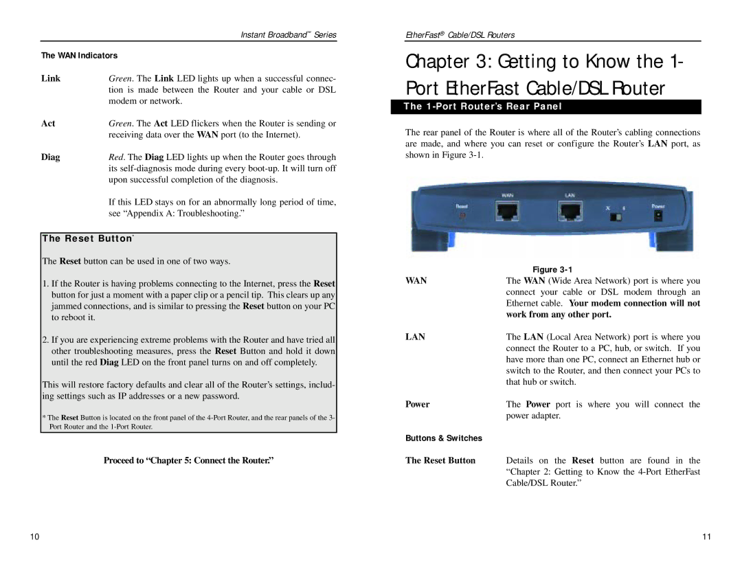 Linksys BEPSR41, BEPSR31, BEPSR11 Proceed to Connect the Router, Port Router’s Rear Panel, Buttons & Switches, Reset Button 