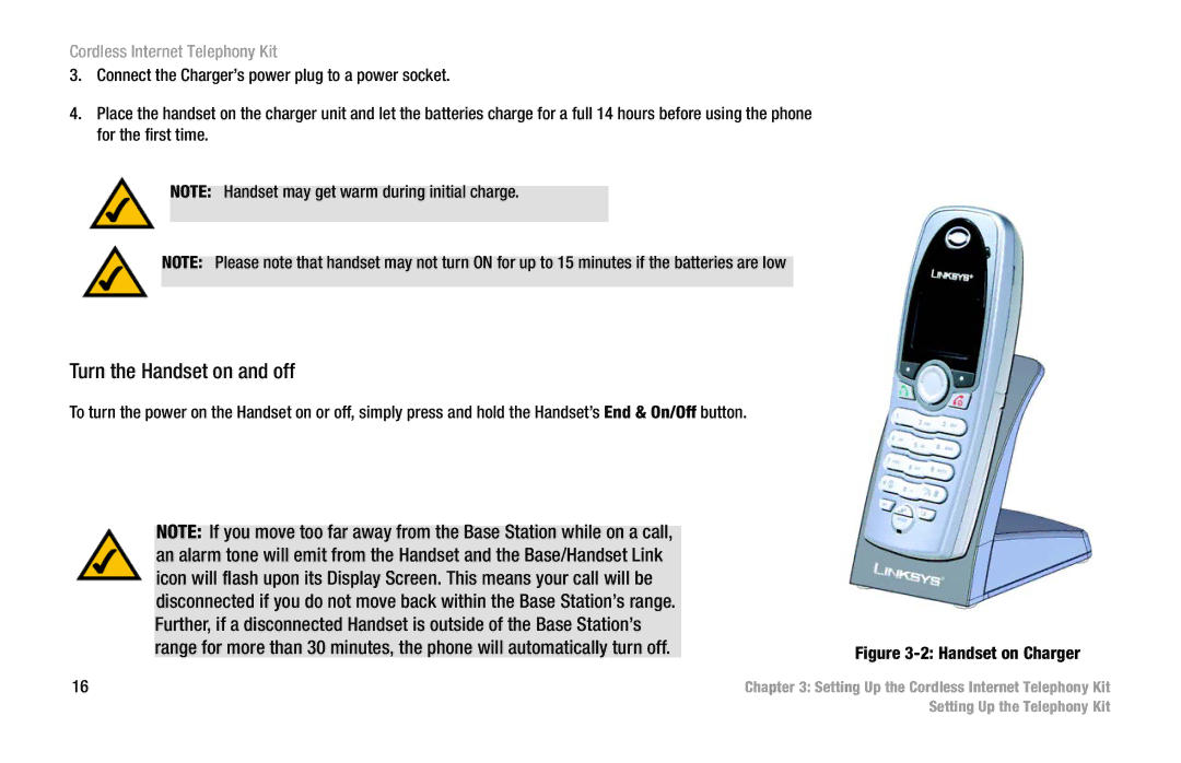 Linksys CIT200 manual Turn the Handset on and off, Handset on Charger 