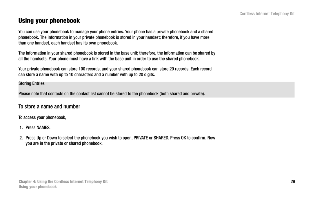 Linksys CIT200 manual Using your phonebook, To store a name and number 