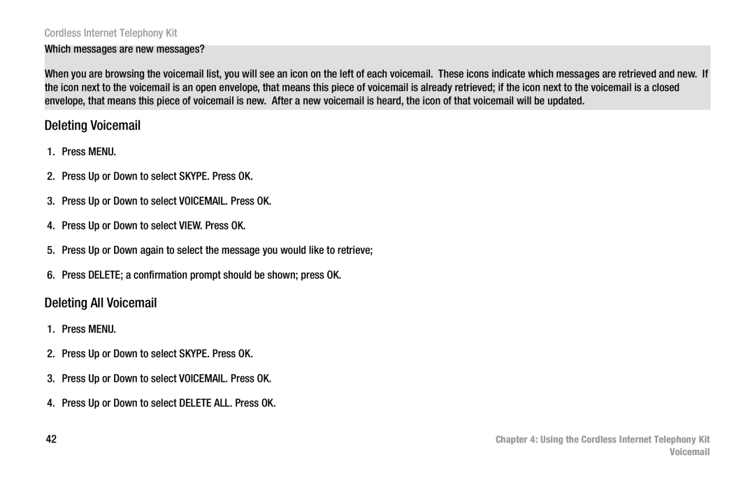 Linksys CIT200 manual Deleting Voicemail, Deleting All Voicemail 