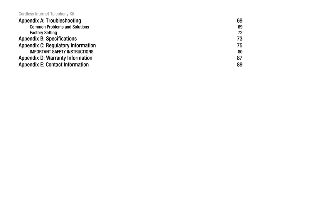 Linksys CIT200 manual Appendix a Troubleshooting, Appendix B Specifications Appendix C Regulatory Information 