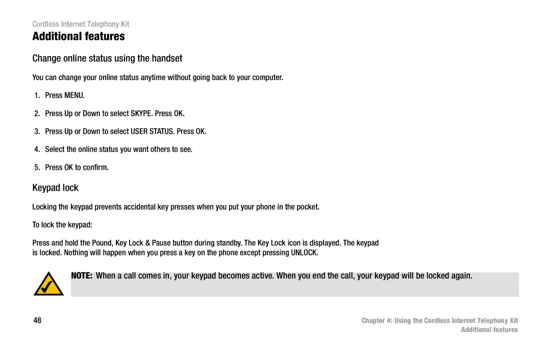 Linksys CIT200 manual Additional features, Change online status using the handset, Keypad lock 