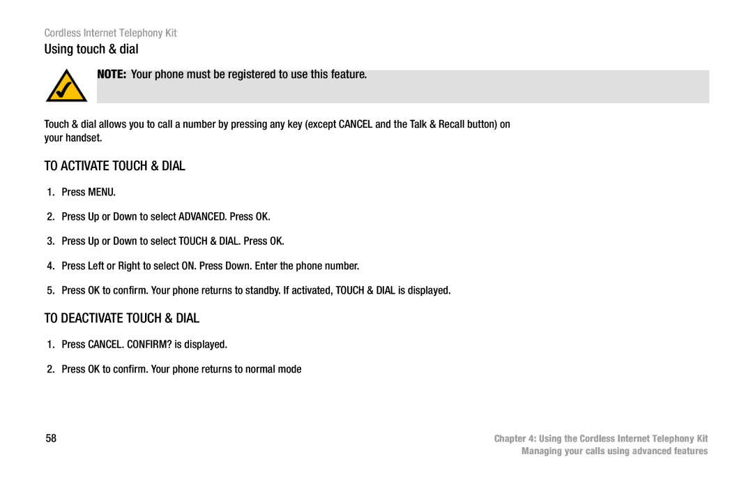 Linksys CIT200 manual Using touch & dial, To Activate Touch & Dial, To Deactivate Touch & Dial 