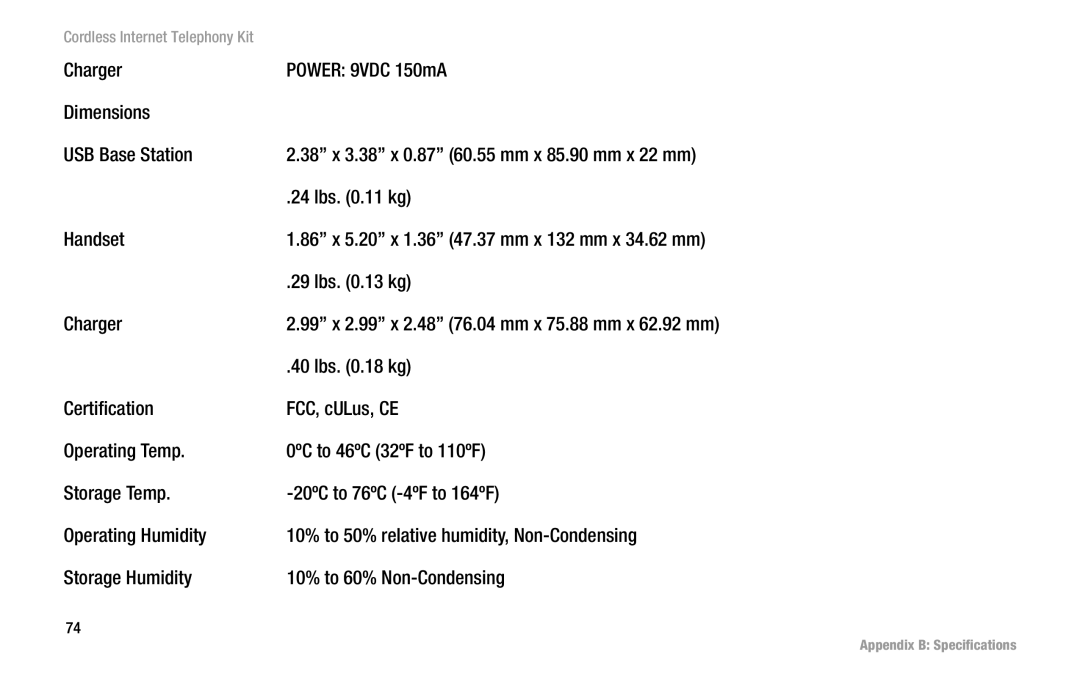 Linksys CIT200 manual Charger Power 9VDC 150mA Dimensions USB Base Station, Lbs .11 kg, Handset, Lbs .13 kg, Lbs .18 kg 