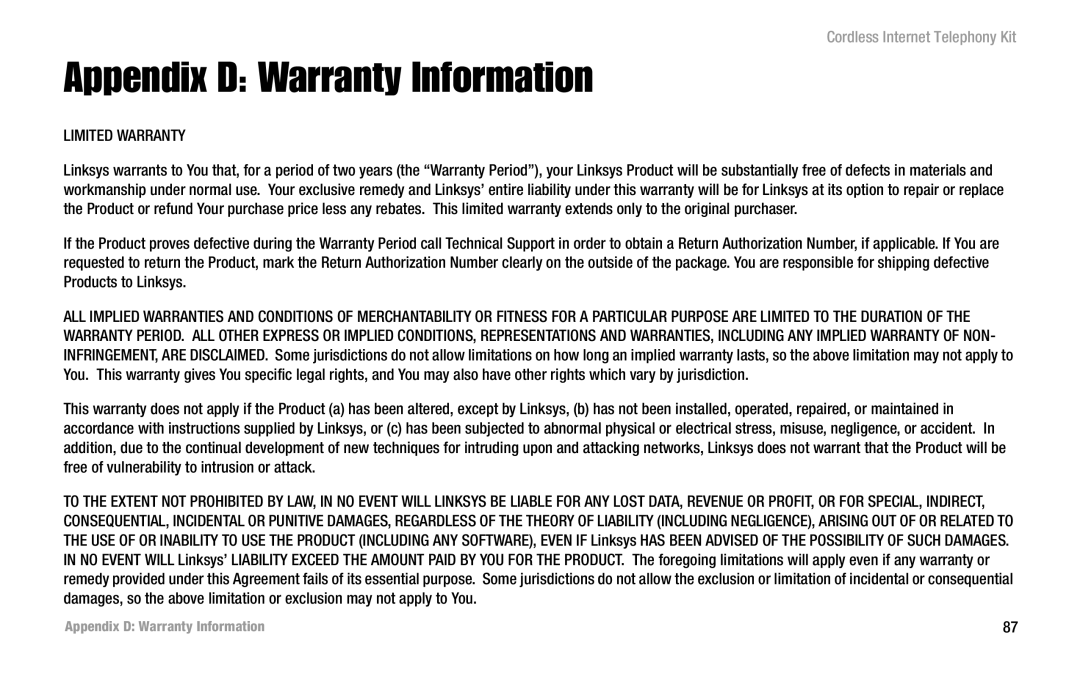 Linksys CIT200 manual Appendix D Warranty Information, Limited Warranty 