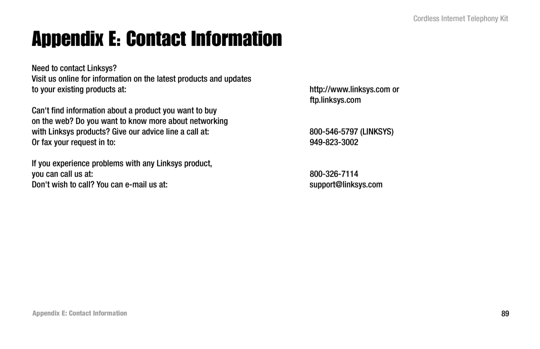 Linksys CIT200 manual Appendix E Contact Information 