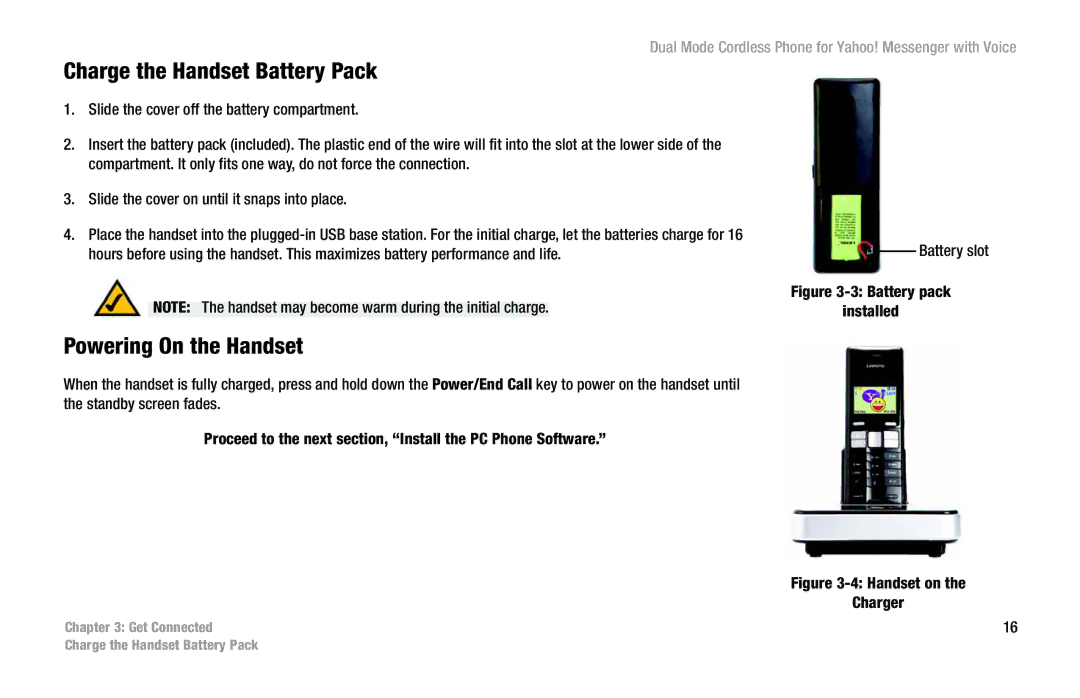 Linksys CIT310 manual Charge the Handset Battery Pack, Powering On the Handset 