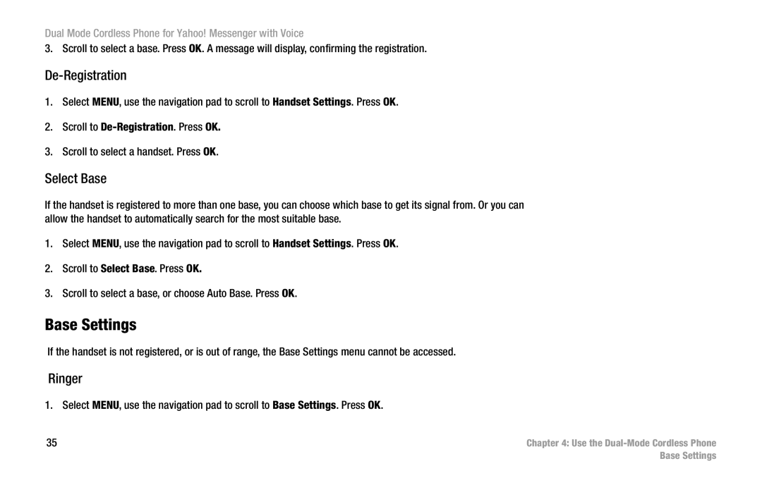 Linksys CIT310 manual Base Settings, De-Registration, Select Base, Ringer 