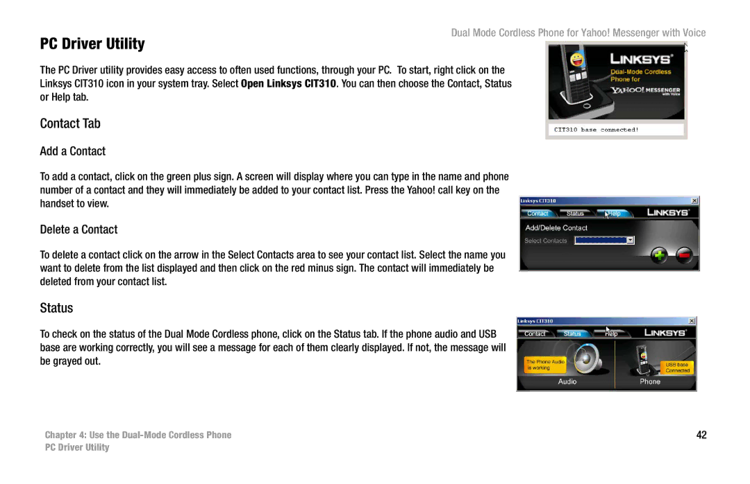 Linksys CIT310 manual PC Driver Utility, Contact Tab, Status, Add a Contact, Delete a Contact 