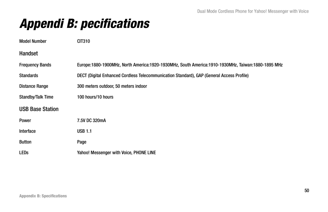 Linksys CIT310 manual Appendix B Specifications, Handset, USB Base Station 