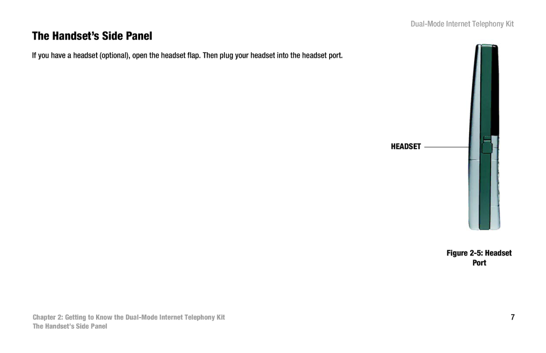 Linksys CIT400 manual Handset’s Side Panel, Headset 