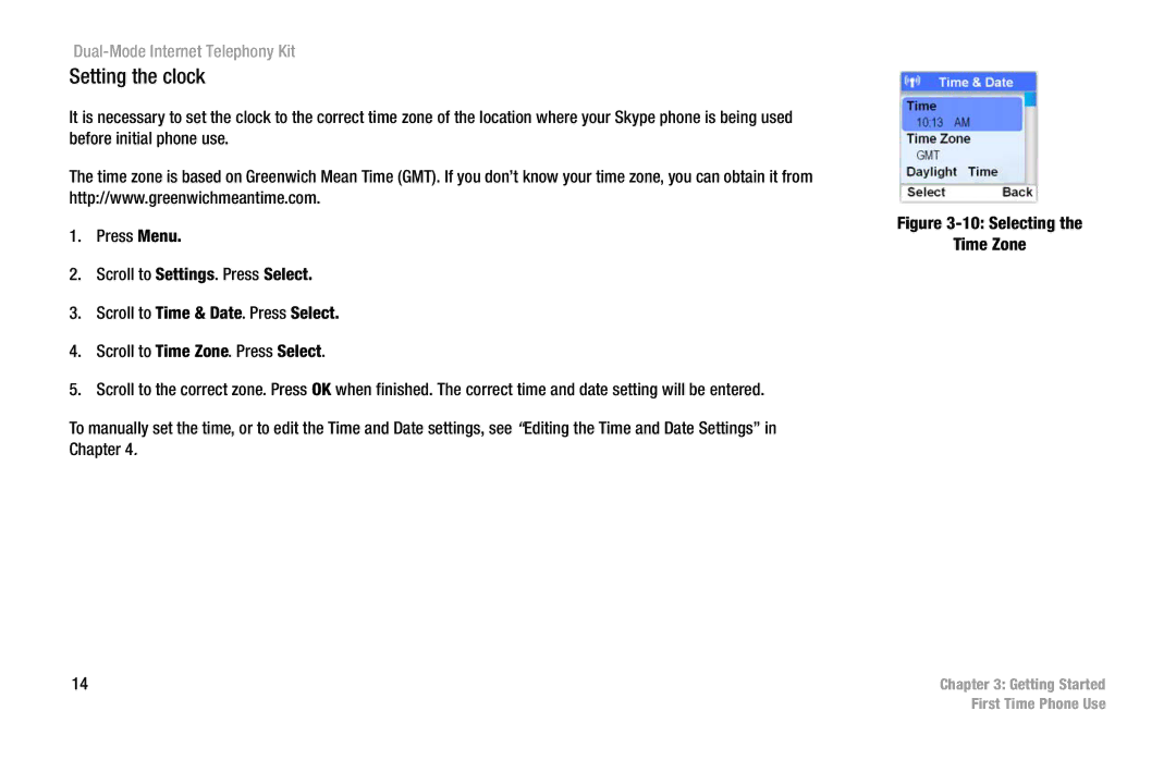 Linksys CIT400 manual Setting the clock, Selecting Time Zone 