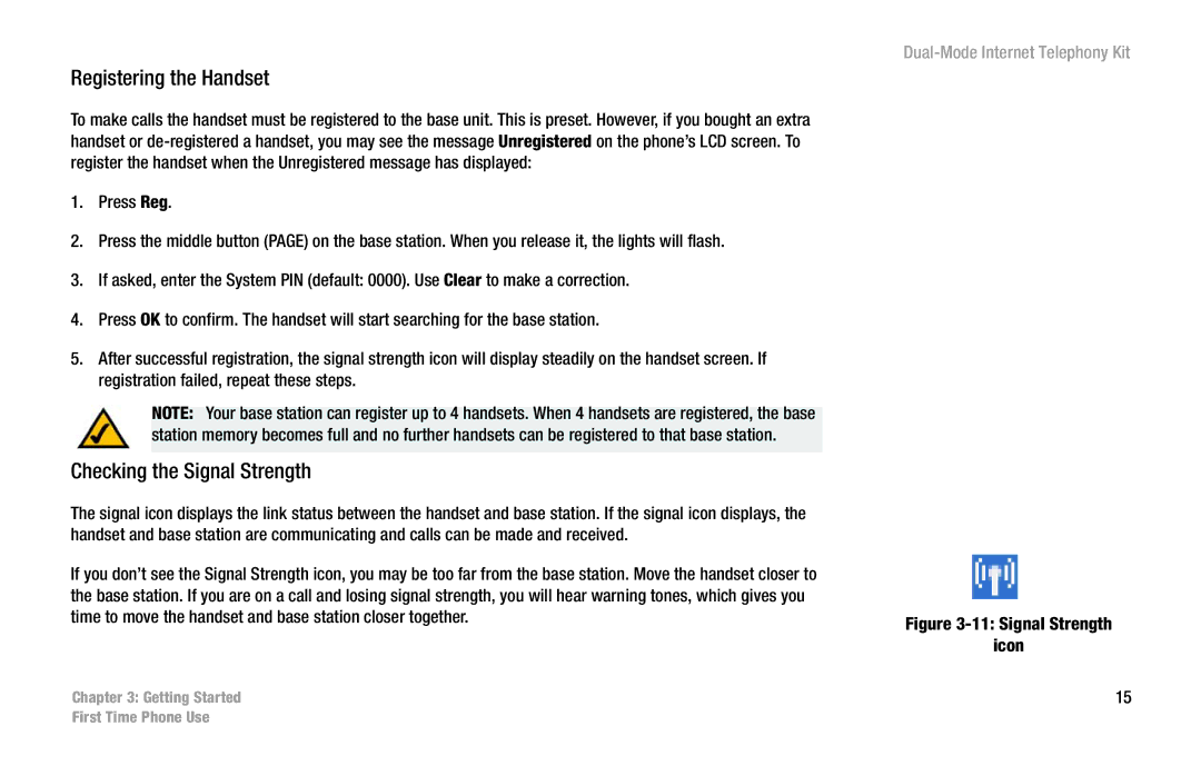 Linksys CIT400 manual Registering the Handset, Checking the Signal Strength 