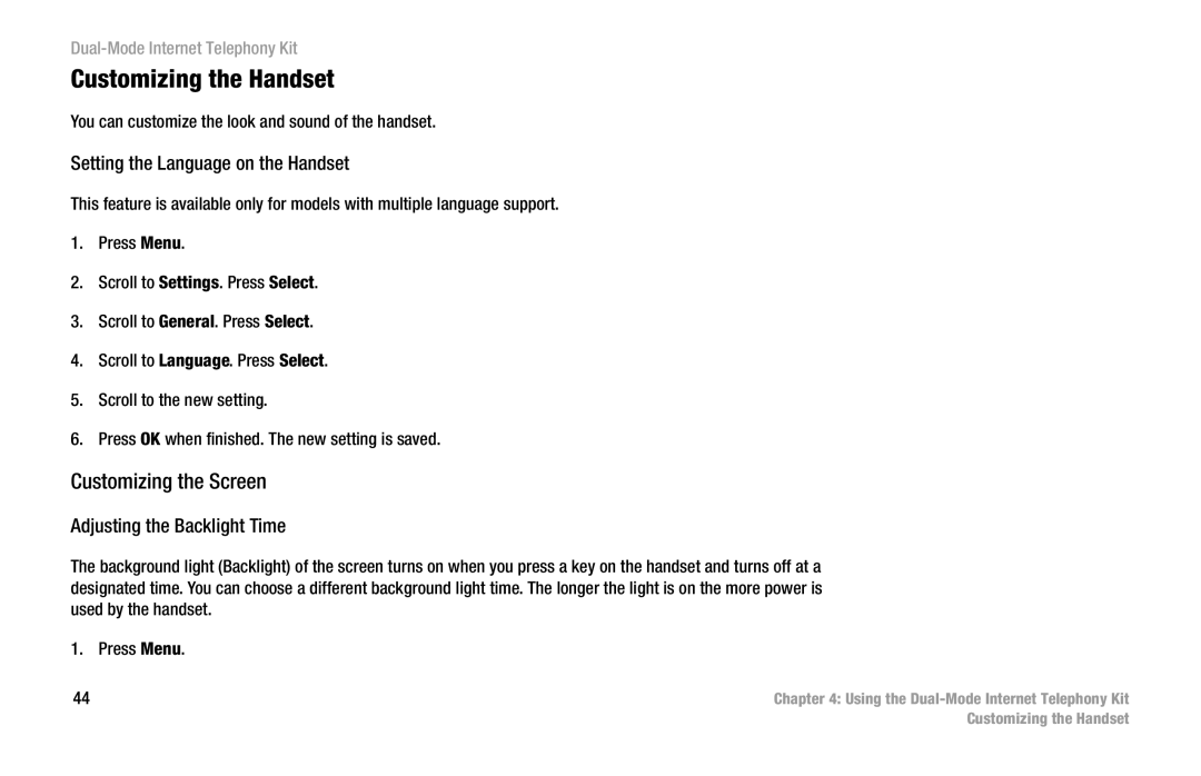 Linksys CIT400 manual Customizing the Handset, Customizing the Screen, Setting the Language on the Handset 