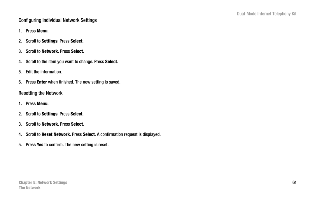 Linksys CIT400 manual Configuring Individual Network Settings, Resetting the Network 