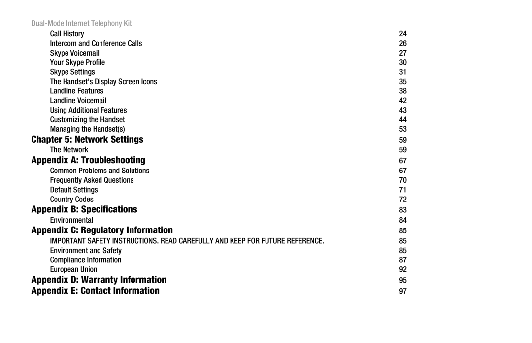 Linksys CIT400 Network Settings, Appendix a Troubleshooting, Appendix B Specifications, Appendix C Regulatory Information 