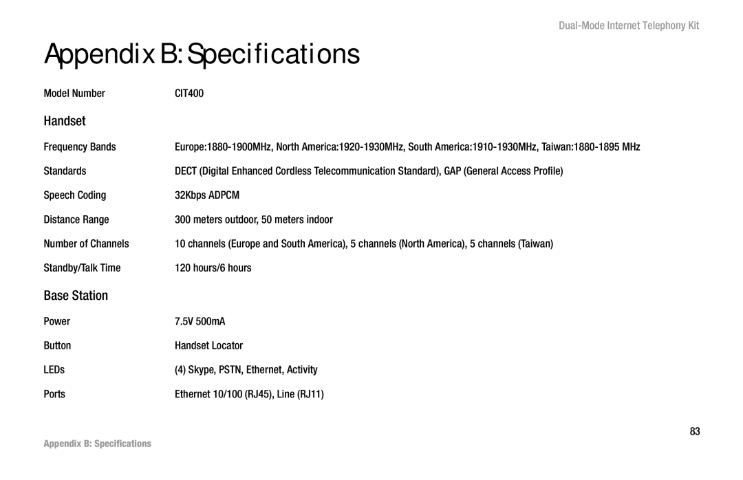 Linksys CIT400 manual Appendix B Specifications, Handset, Base Station 