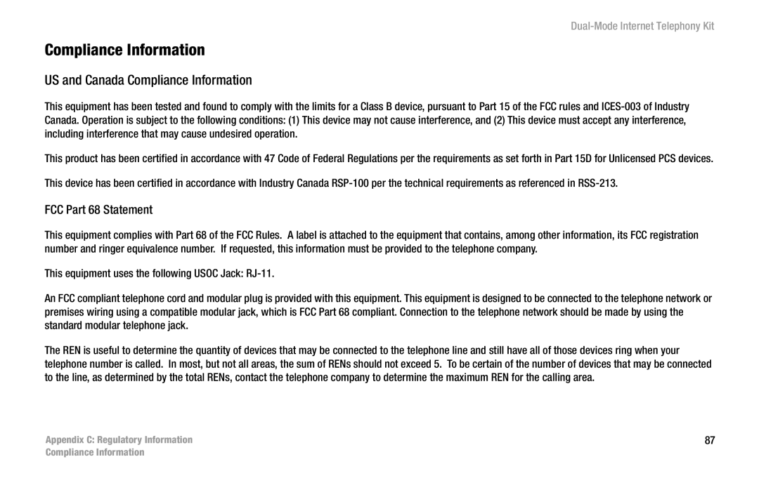 Linksys CIT400 manual US and Canada Compliance Information, FCC Part 68 Statement 