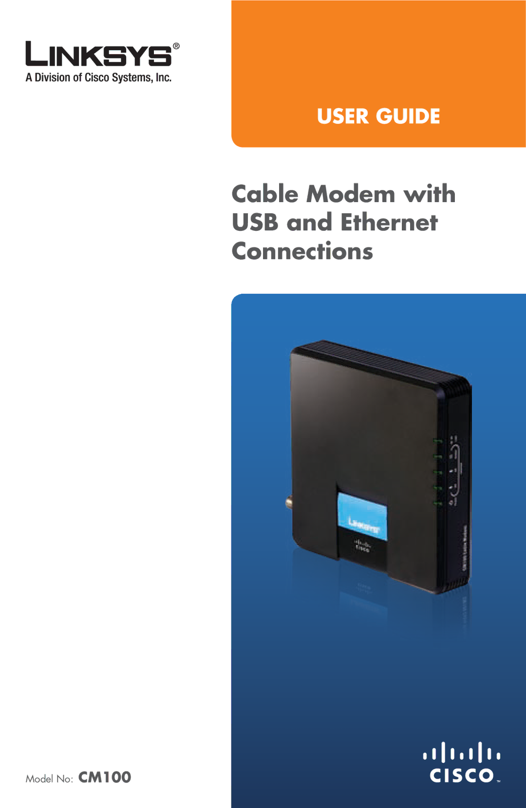 Linksys CM100 manual Cable Modem with USB and Ethernet Connections 