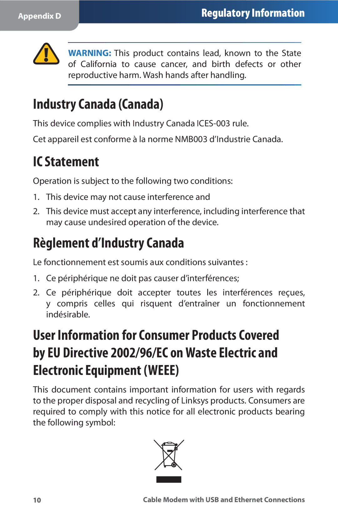 Linksys CM100 manual Industry Canada Canada, IC Statement, Règlement d’Industry Canada 