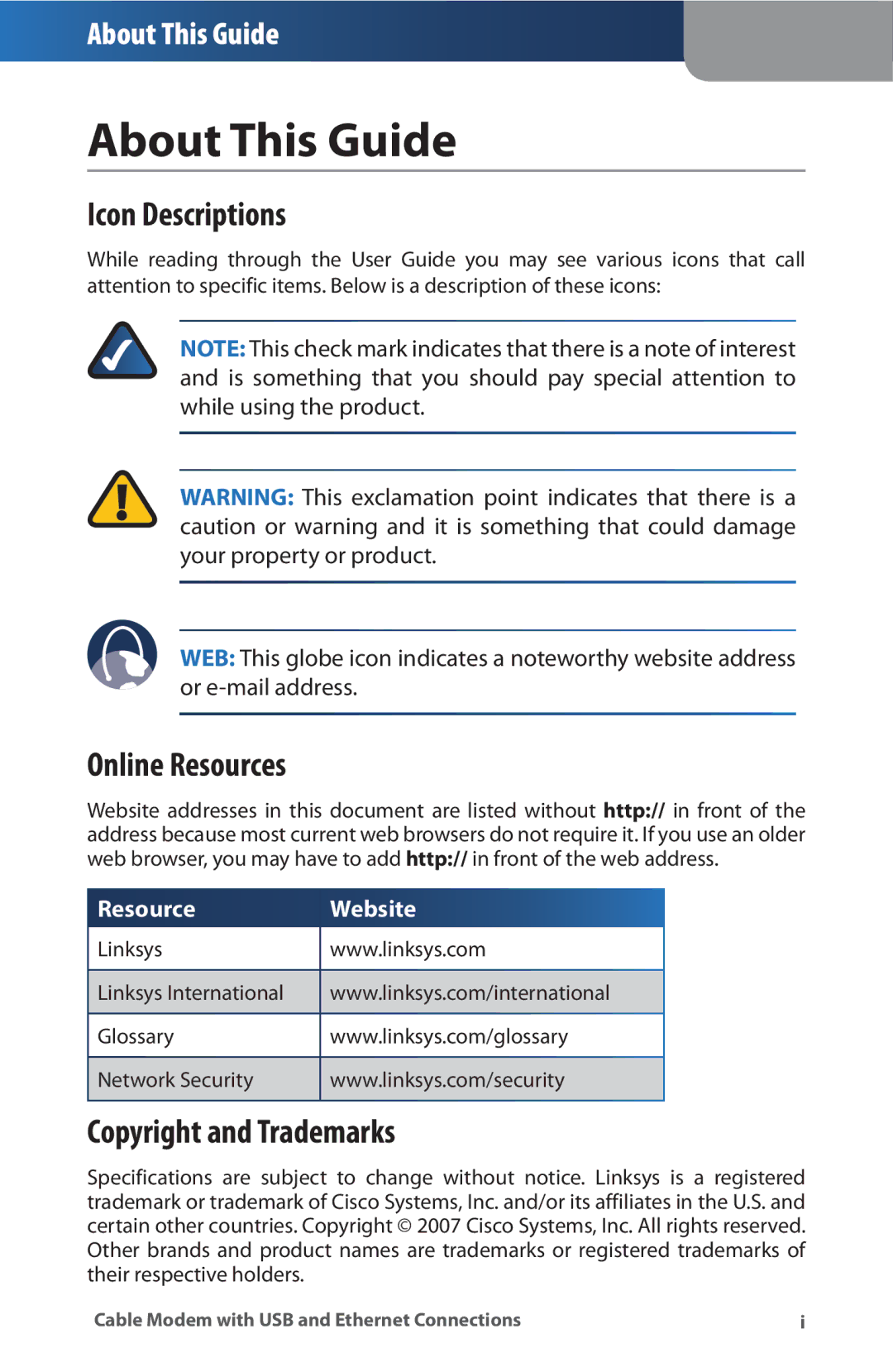 Linksys CM100 manual About This Guide, Icon Descriptions 