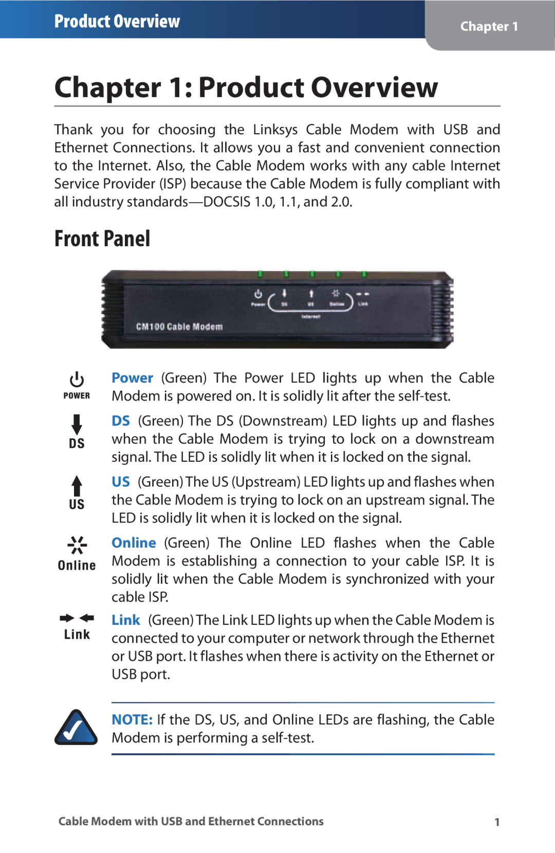 Linksys CM100 manual Product Overview, Front Panel 