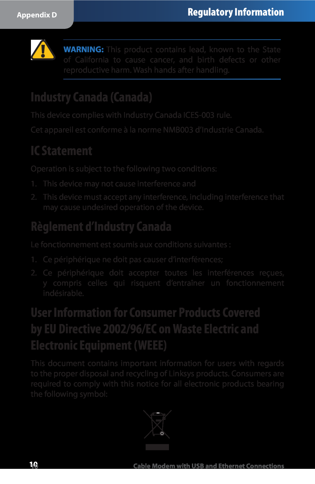 Linksys CM100 manual Industry Canada Canada, IC Statement, Règlement d’Industry Canada, Regulatory Information 