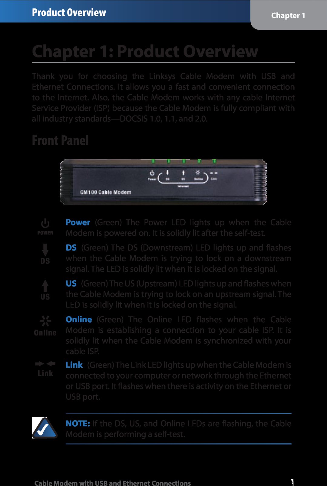 Linksys CM100 manual Product Overview, Front Panel 