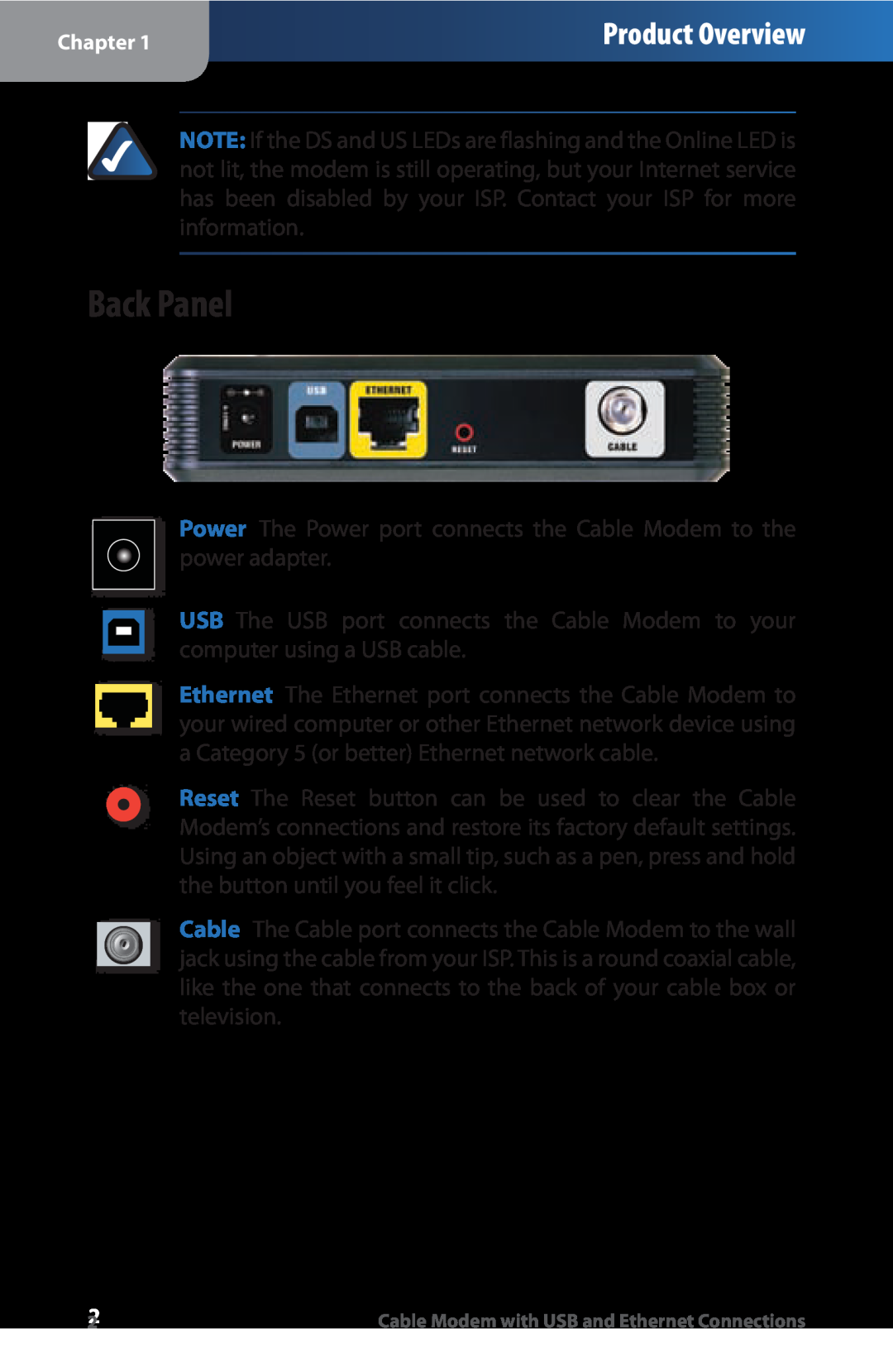 Linksys CM100 manual Back Panel, Product Overview 