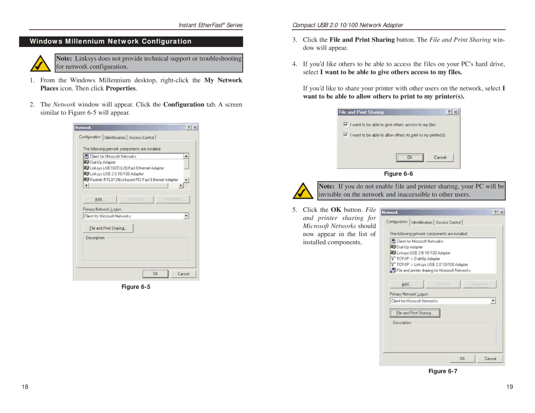 Linksys Compact USB 2.0 manual Windows Millennium Network Configuration 