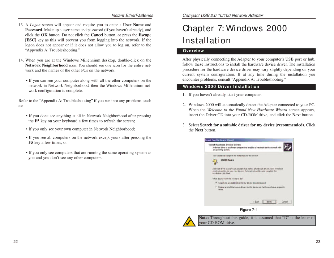 Linksys Compact USB 2.0 manual Windows 2000 Installation, Windows 2000 Driver Installation 