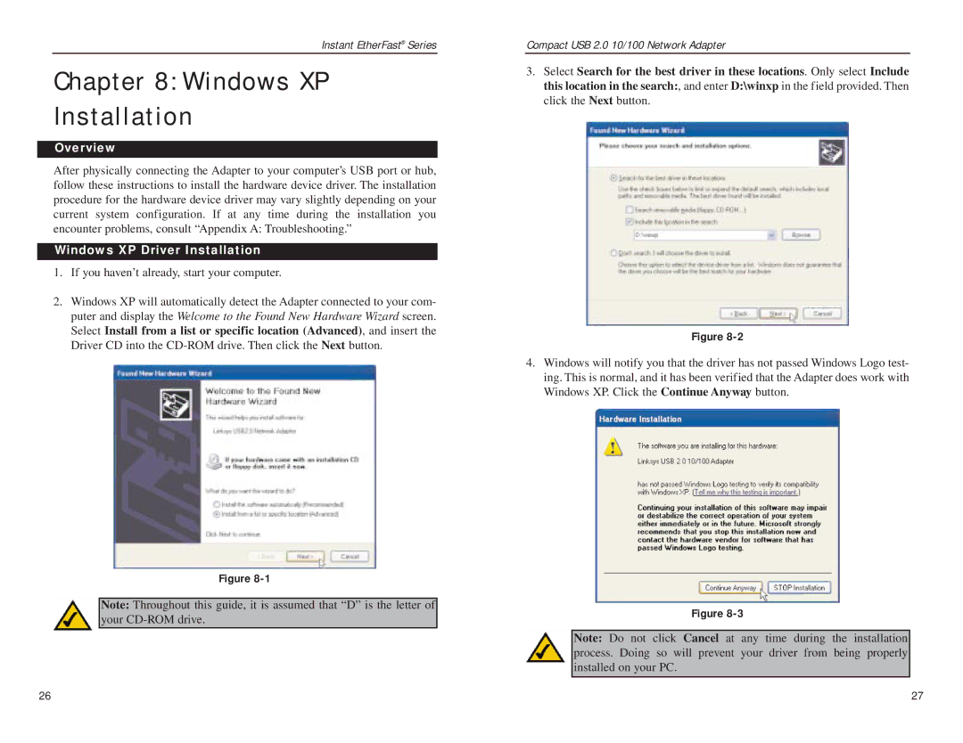 Linksys Compact USB 2.0 manual Windows XP Installation, Windows XP Driver Installation 