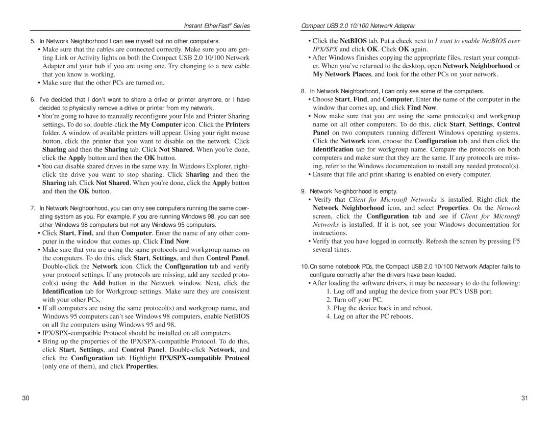 Linksys Compact USB 2.0 manual Network Neighborhood I can see myself but no other computers 