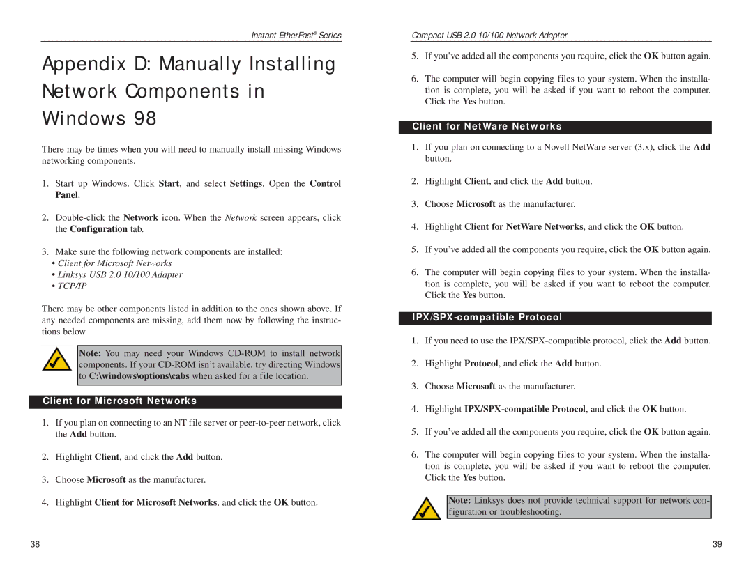 Linksys Compact USB 2.0 manual Appendix D Manually Installing Network Components Windows, Client for Microsoft Networks 