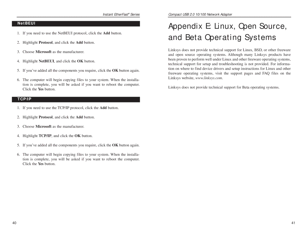 Linksys Compact USB 2.0 manual Appendix E Linux, Open Source, and Beta Operating Systems, NetBEUI 