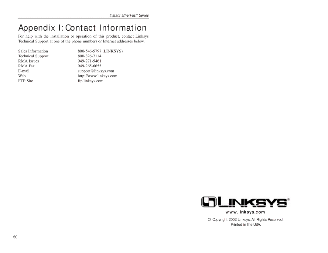 Linksys Compact USB 2.0 manual Appendix I Contact Information 