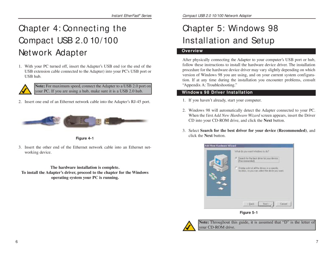 Linksys manual Connecting Compact USB 2.0 10/100 Network Adapter, Windows Installation and Setup 