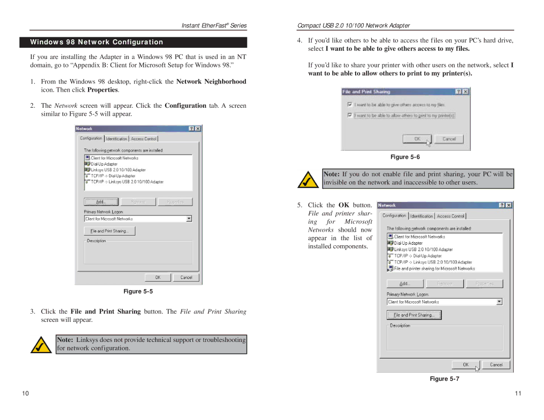 Linksys Compact USB 2.0 manual Windows 98 Network Configuration 