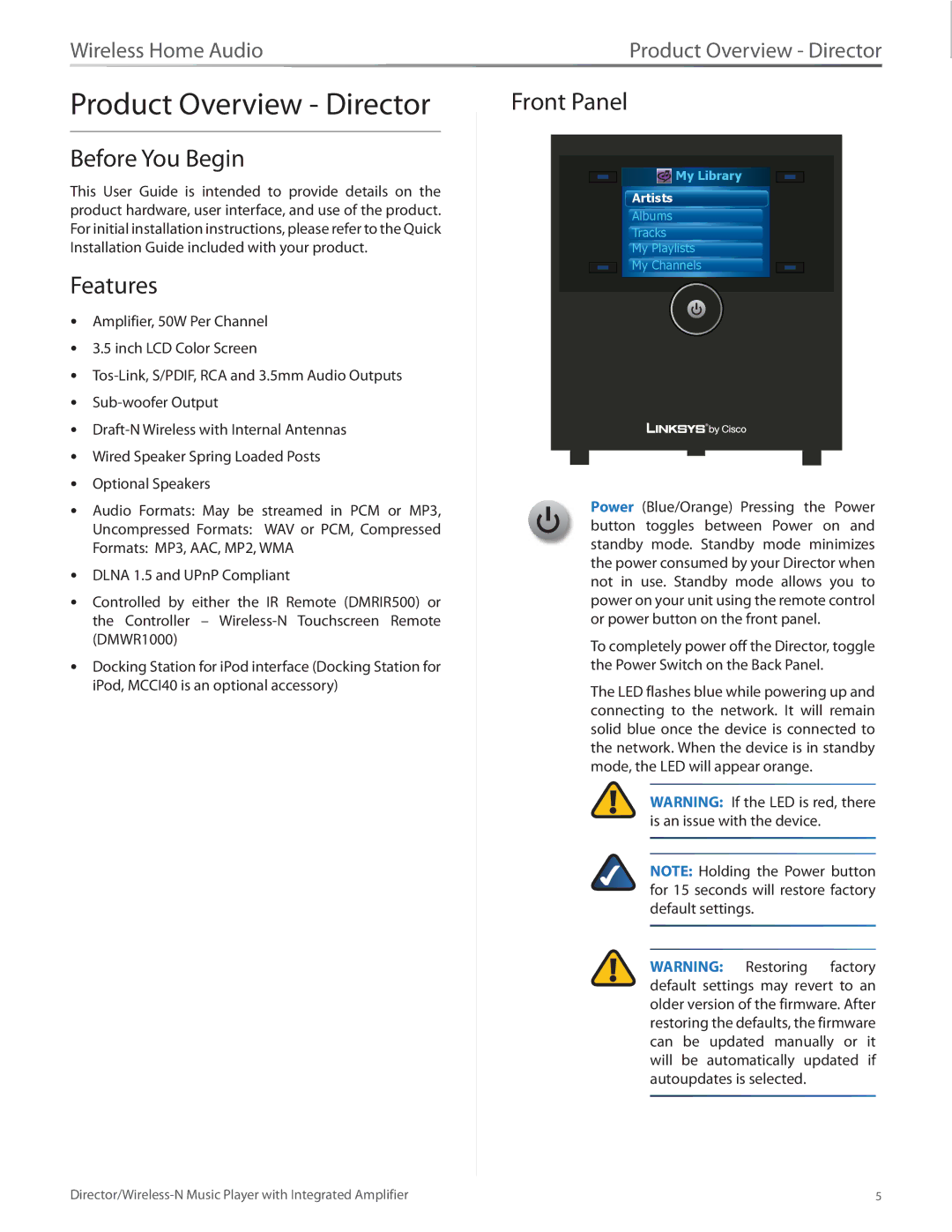 Linksys DMC250 manual Product Overview Director, Before You Begin, Features, Front Panel 