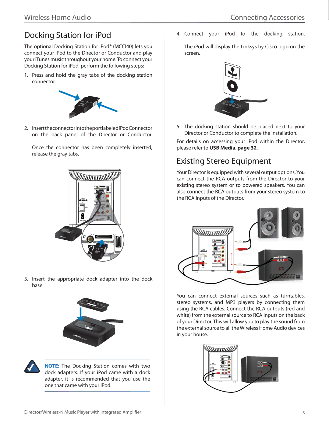 Linksys DMC250 manual Docking Station for iPod, Existing Stereo Equipment 