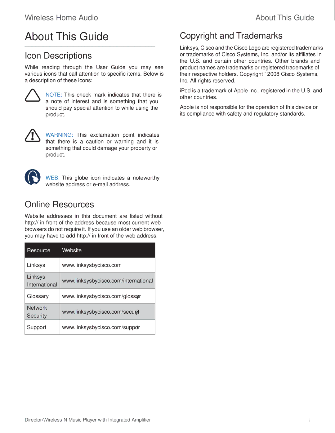 Linksys DMC250 manual About This Guide, Icon Descriptions, Online Resources, Copyright and Trademarks 