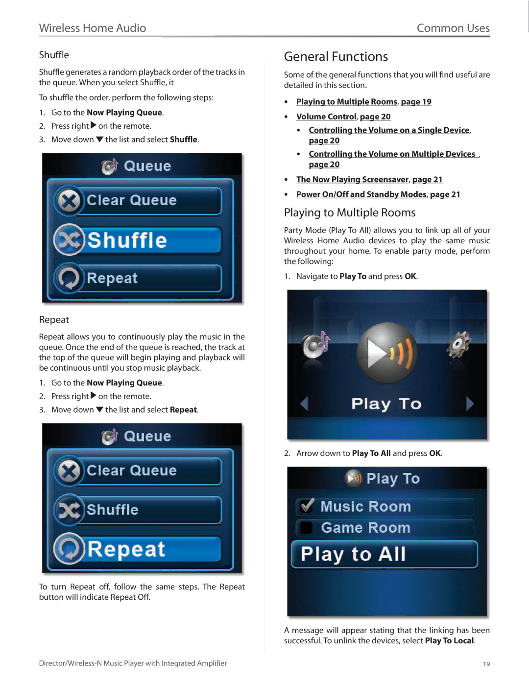 Linksys DMC250 manual General Functions, Playing to Multiple Rooms, Shuffle, Repeat 