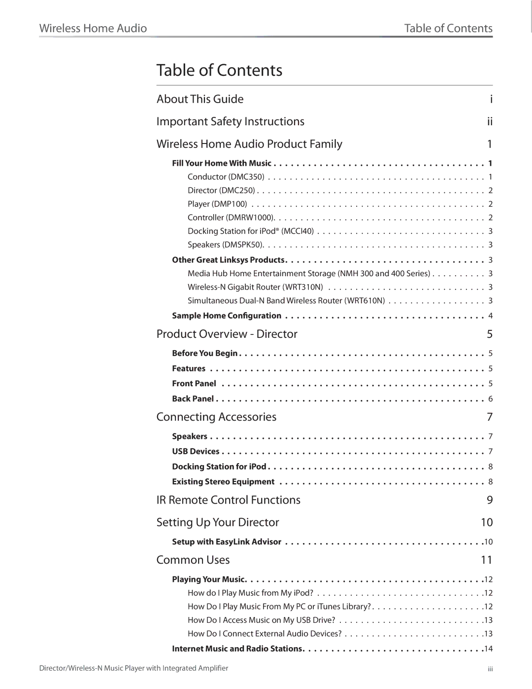 Linksys DMC250 manual Table of Contents 