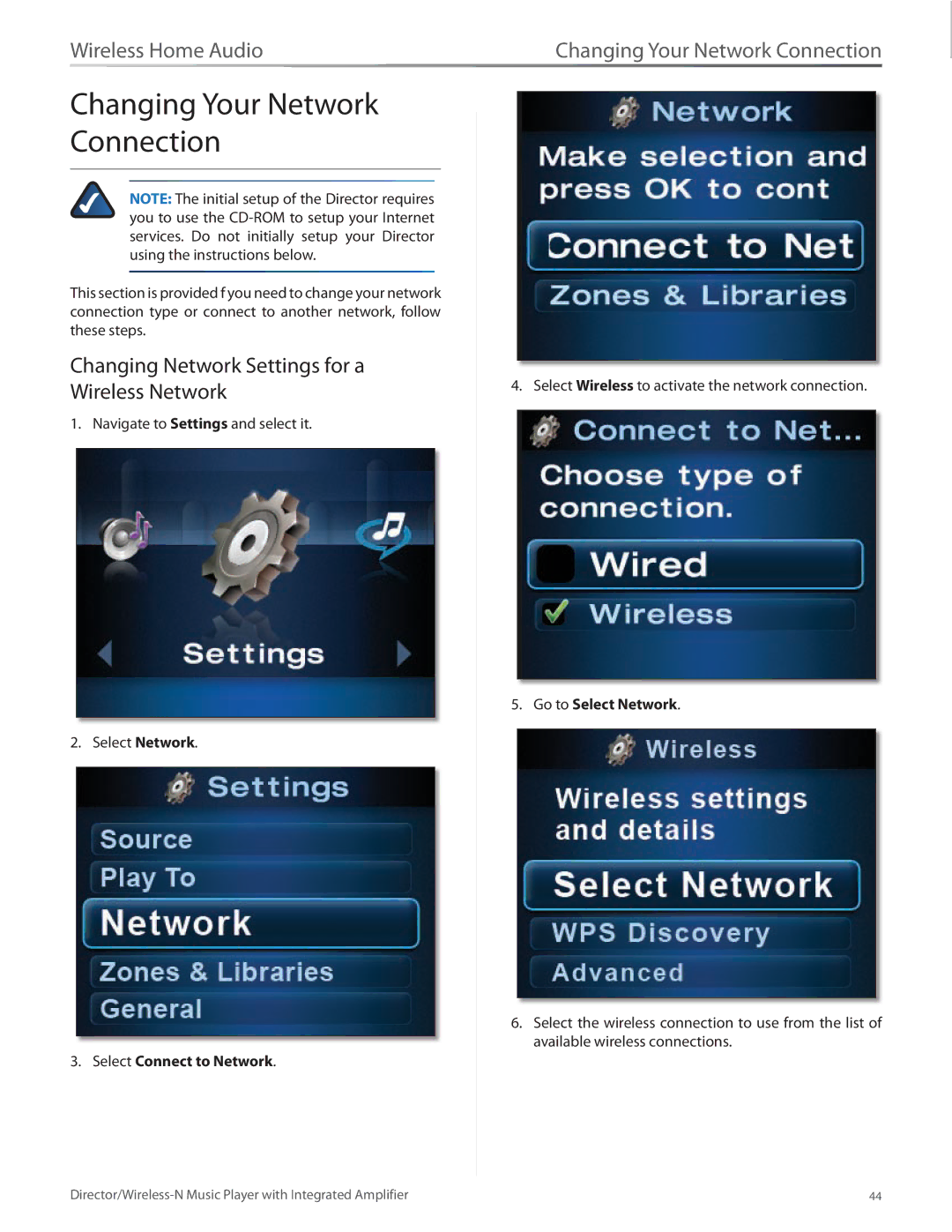 Linksys DMC250 Changing Your Network Connection, Changing Network Settings for a Wireless Network, Go to Select Network 